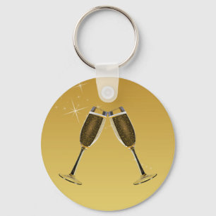 Champagne Glasses Celebration on Gold Keychain