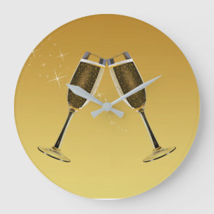 Champagne Glasses Celebration on Gold Large Clock