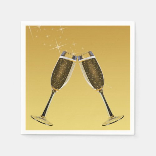 Champagne Glasses Celebration on Gold Paper Napkins