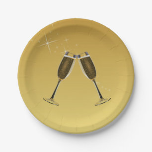 Champagne Glasses Celebration on Gold Paper Plates