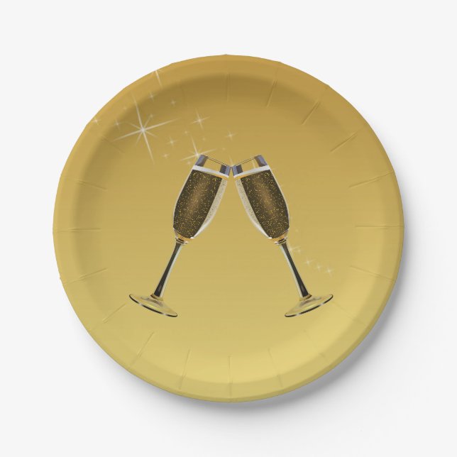 Champagne Glasses Celebration on Gold Paper Plates (Front)