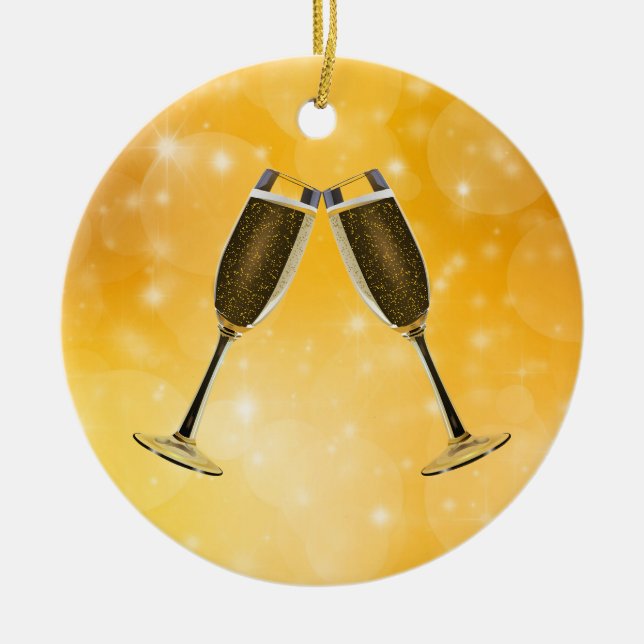 Champagne Glasses Celebration on Sparkling Gold Ceramic Ornament (Front)