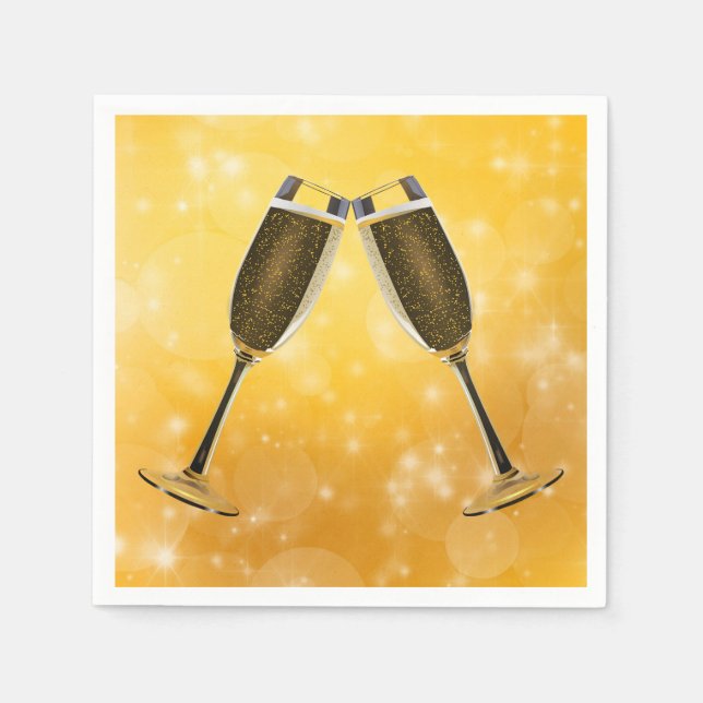 Champagne Glasses Celebration on Sparkling Gold Napkins (Front)