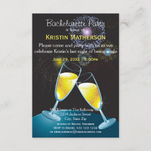 Champagne Glasses Fireworks-3x5 Bachelorette Party Invitation