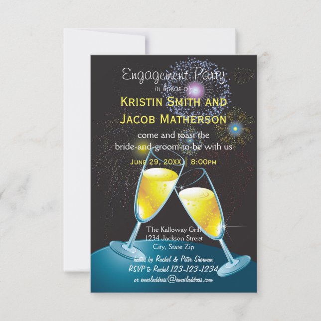 Champagne Glasses Fireworks - 3x5 Engagement Party Invitation (Front)