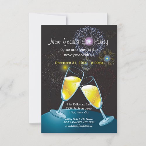 Champagne Glasses Fireworks _ 3x5 New Years Party Invitation