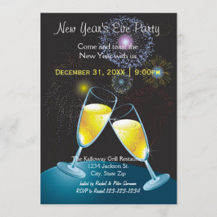 Champagne Glasses & Fireworks-New Year's Eve Party Invitation