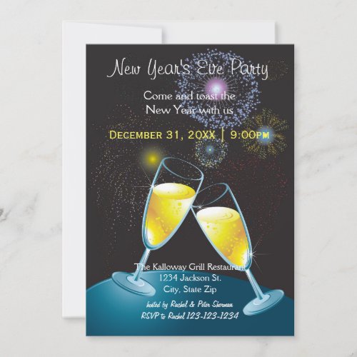Champagne Glasses  Fireworks_New Years Eve Party Invitation