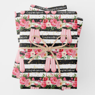 Champagne Glasses Floral Black White Stripes Wrapping Paper Sheets