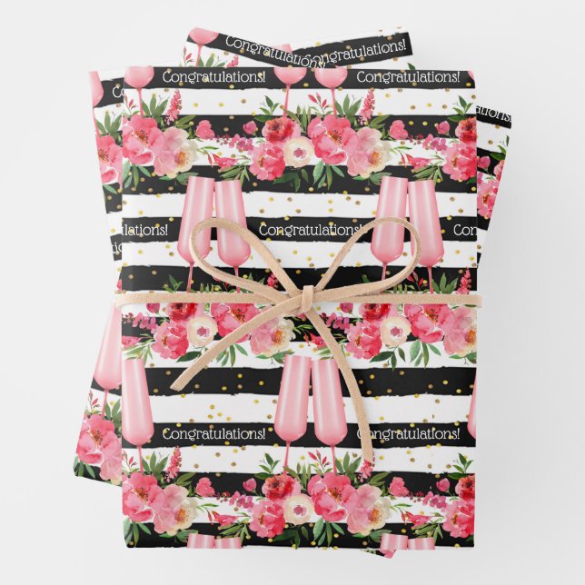 Champagne Glasses Floral Black White Stripes Wrapping Paper Sheets (In situ)