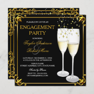 Champagne Glasses Gold Engagement Party  Invitation