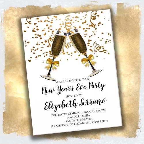 Champagne Glasses Gold White New Years Eve Party Invitation Postcard