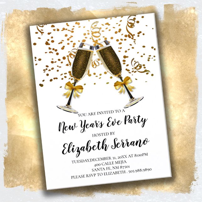 Champagne Glasses Gold White New Year's Eve Party Invitation Postcard (Creator Uploaded)