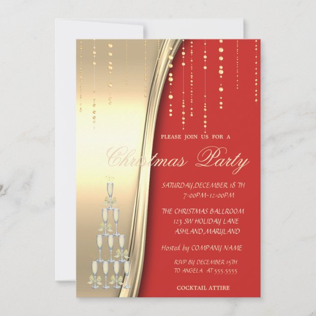 Champagne Glasses,Red,Gold Corporate Party  Invitation (Front)