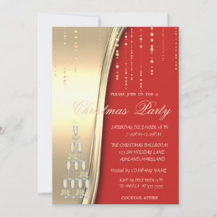 Champagne Glasses,Red,Gold Corporate Party  Invitation