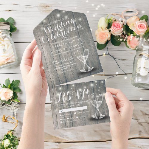 Champagne Glasses Rustic Wood String Light Wedding All In One Invitation