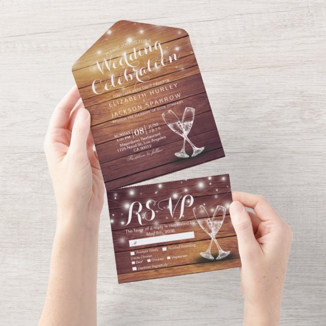 Champagne Glasses Rustic Wood String Light Wedding All In One Invitation (Tearaway)