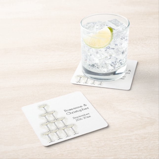 Champagne Glasses Simple Wedding Square Paper Coaster (Insitu)