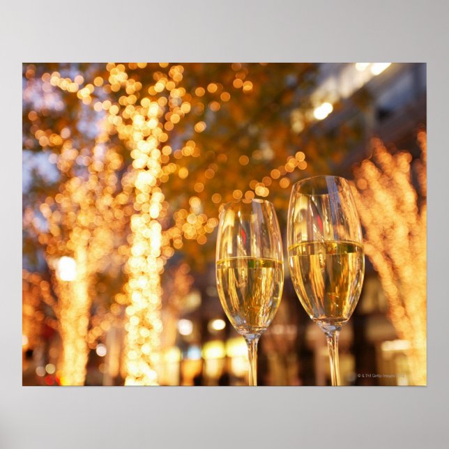 Champagne glasses toasting Christmas on city Poster (Front)