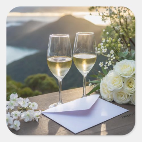 champagne glasses wedding bouquets and envelope square sticker