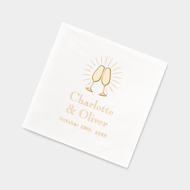 Champagne Glasses Wedding Couple Names Date Foil Napkins (Left)