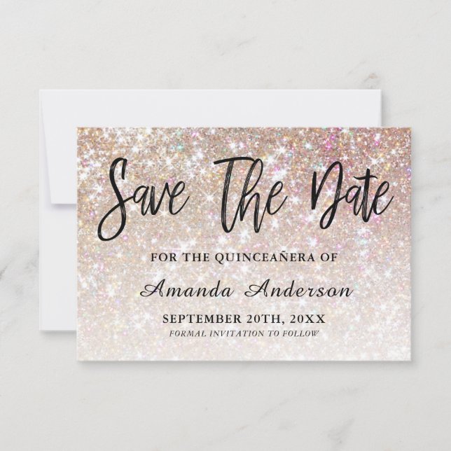 Champagne Glitter Brush Script  Quinceanera Save The Date (Front)