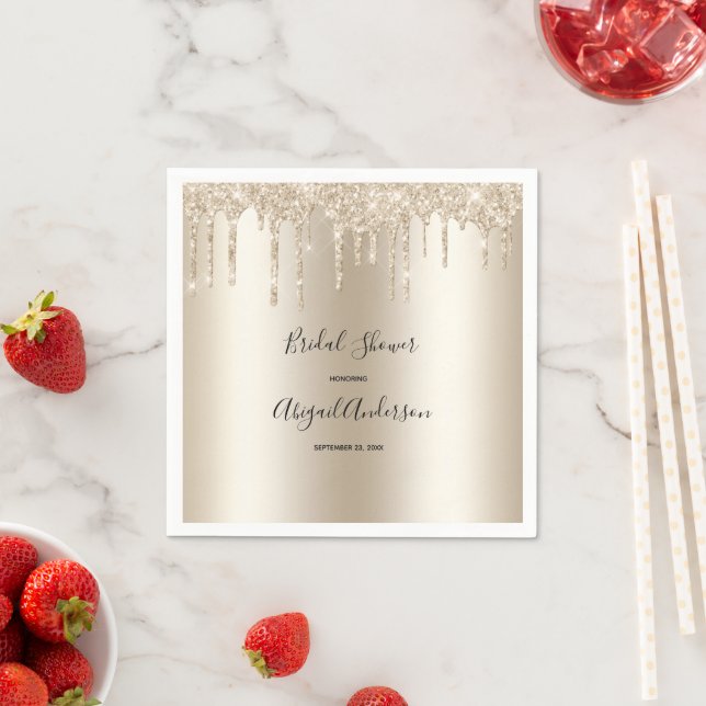 Champagne Glitter Drip Bridal Shower Glam Trendy Napkins (Insitu)