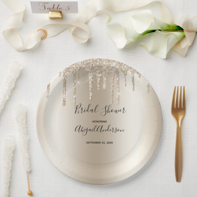 Champagne Glitter Drip Bridal Shower Glam Trendy Paper Plates (Wedding)