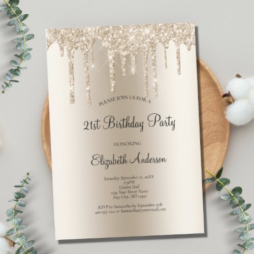 Champagne Glitter Drip Glam 21st Birthday  Invitation