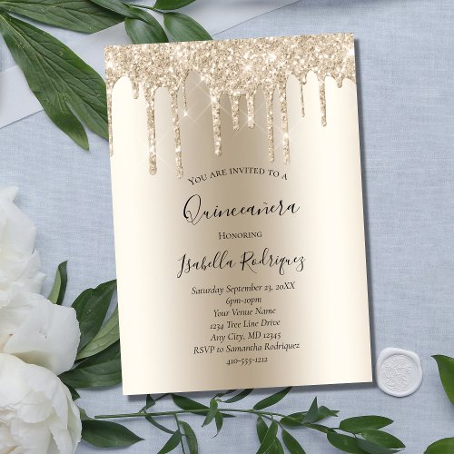 Champagne Glitter Drip Glam Trendy Birthday Invita Invitation