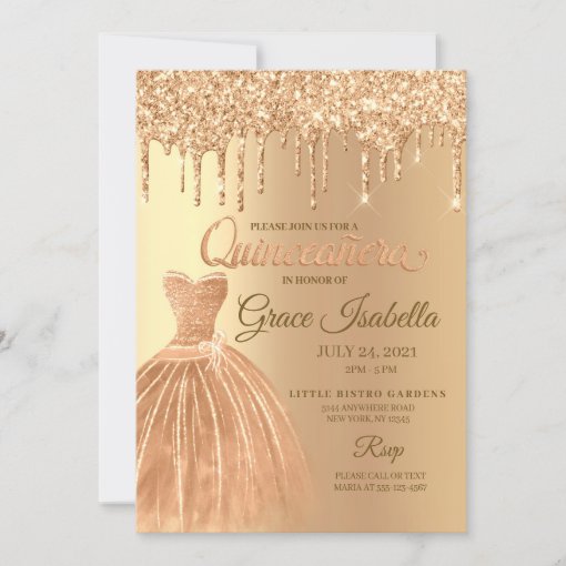 Champagne Glitter Drip Quinceanera Birthday Invitation | Zazzle