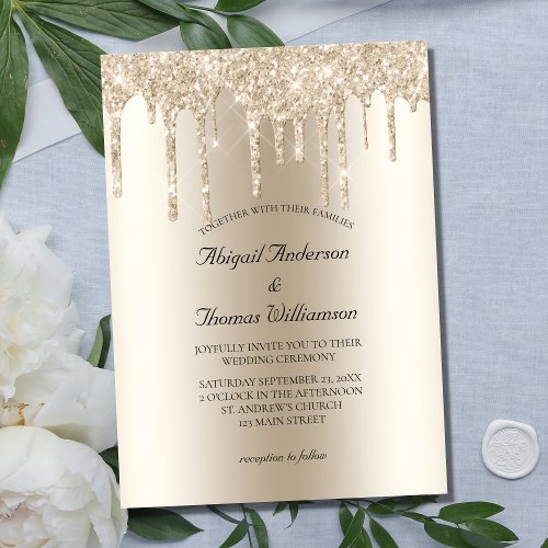 Champagne Glitter Drip Trendy Elegant Wedding  Invitation