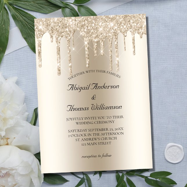 Champagne Glitter Drip Trendy Elegant Wedding  Invitation (Creator Uploaded)