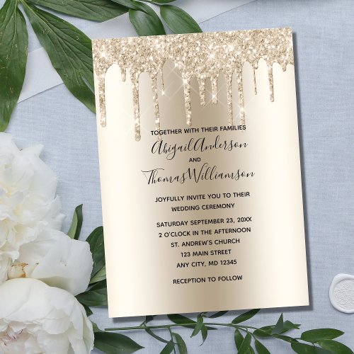 Champagne Glitter Drip Trendy Elegant Wedding Invitation