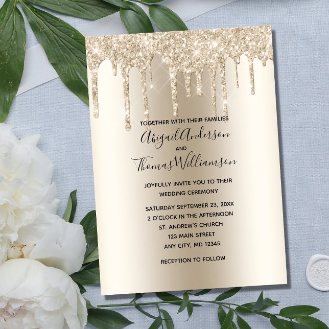 Champagne Glitter Drip Trendy Elegant Wedding Invitation (Creator Uploaded)