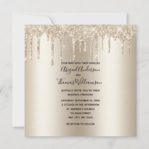 Champagne Glitter Drip Trendy Elegant Wedding Invitation