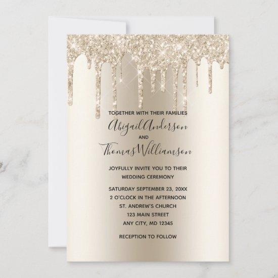 Champagne Glitter Drip Trendy Elegant Wedding Invitation