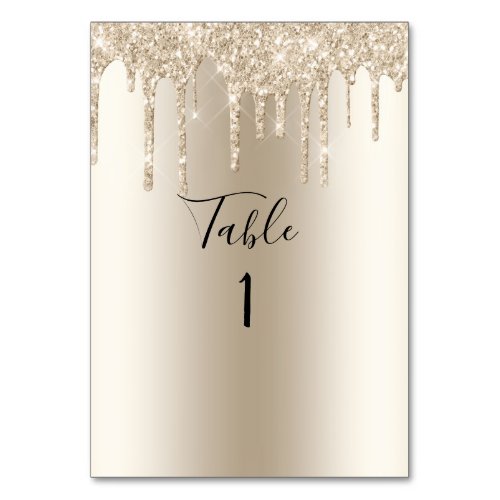 Champagne Glitter Drip Trendy Elegant Wedding Table Number
