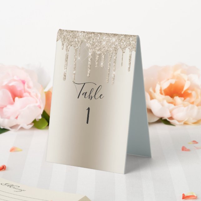 Champagne Glitter Drip Trendy Elegant Wedding  Table Tent (In SItu (Wedding))