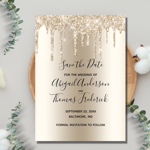 Champagne Glitter Drip Wedding Glam Trendy  Save The Date