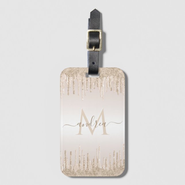 Champagne Glitter Dripping & Girly Chic Monogram   Luggage Tag (Front Vertical)