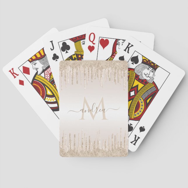 Champagne Glitter Dripping & Girly Chic Monogram  Poker Cards (Back)