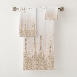 Champagne Glitter Dripping Monogram Elegant Name Bath Towel Set