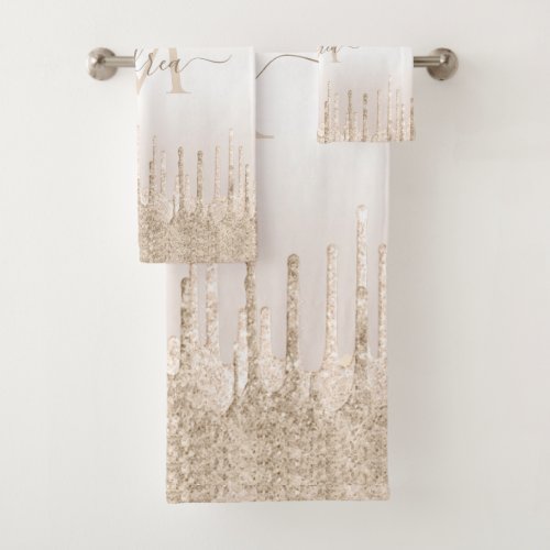 Champagne Glitter Dripping Monogram Elegant Name Bath Towel Set