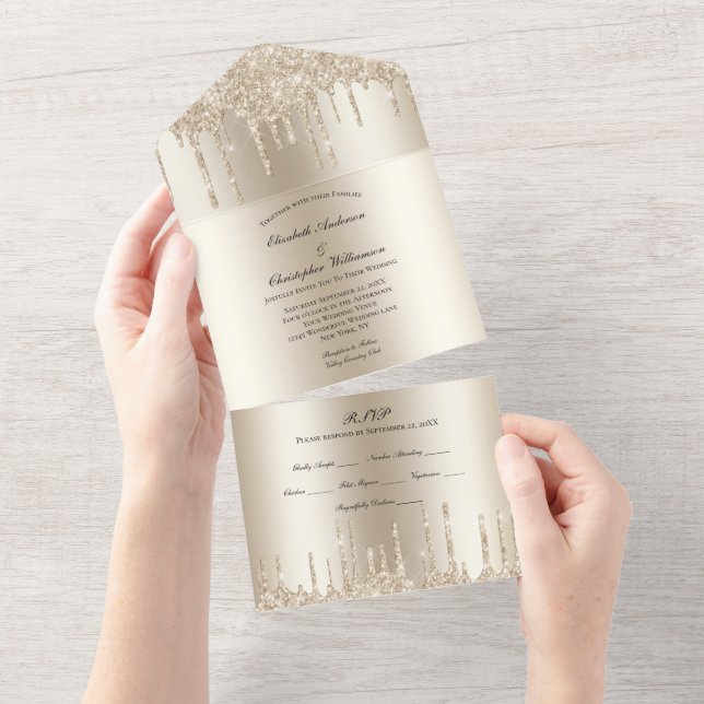 Champagne Glitter Drips Glam Bling Wedding All In One Invitation (Tearaway)