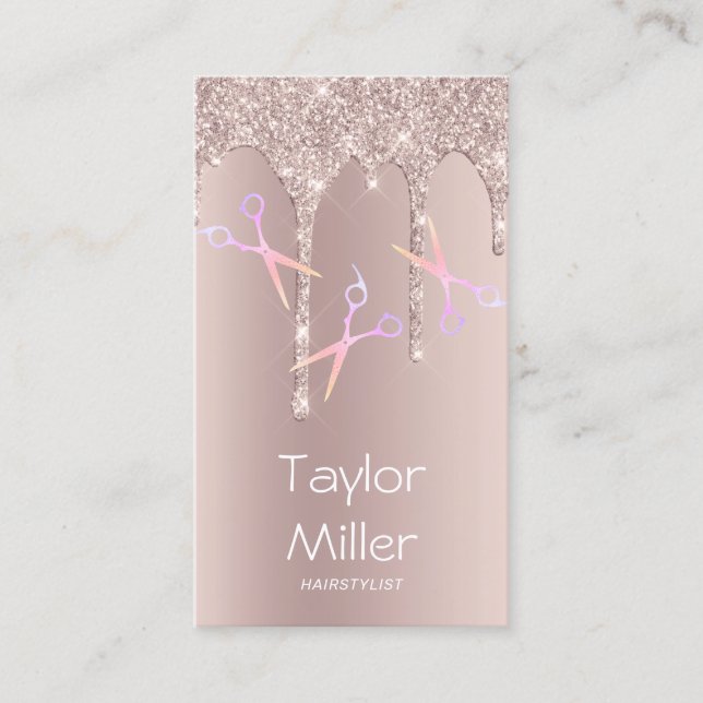 Champagne glitter drips holographic scissors hair business card (Front)