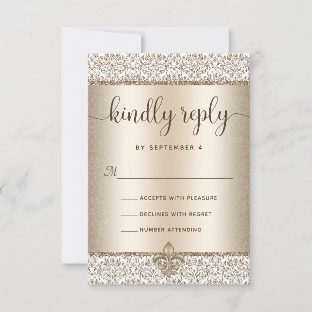 Champagne Glitter Fleur De Lis Elegant Wedding  RSVP Card (Front)