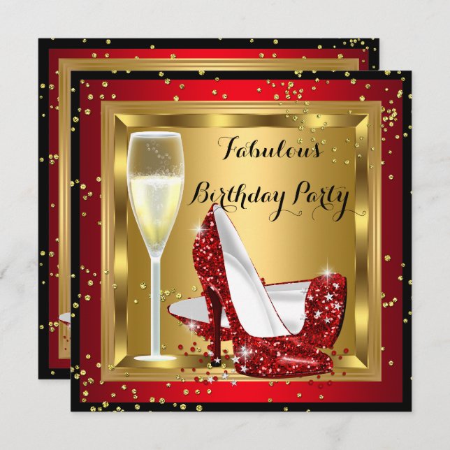 Champagne Glitter High Heels Red Birthday Party Invitation (Front/Back)