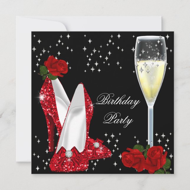 Champagne Glitter High Heels Red Rose Party Invitation (Front)