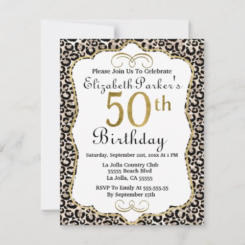 Champagne Glitter Leopard 50th Birthday Invitation